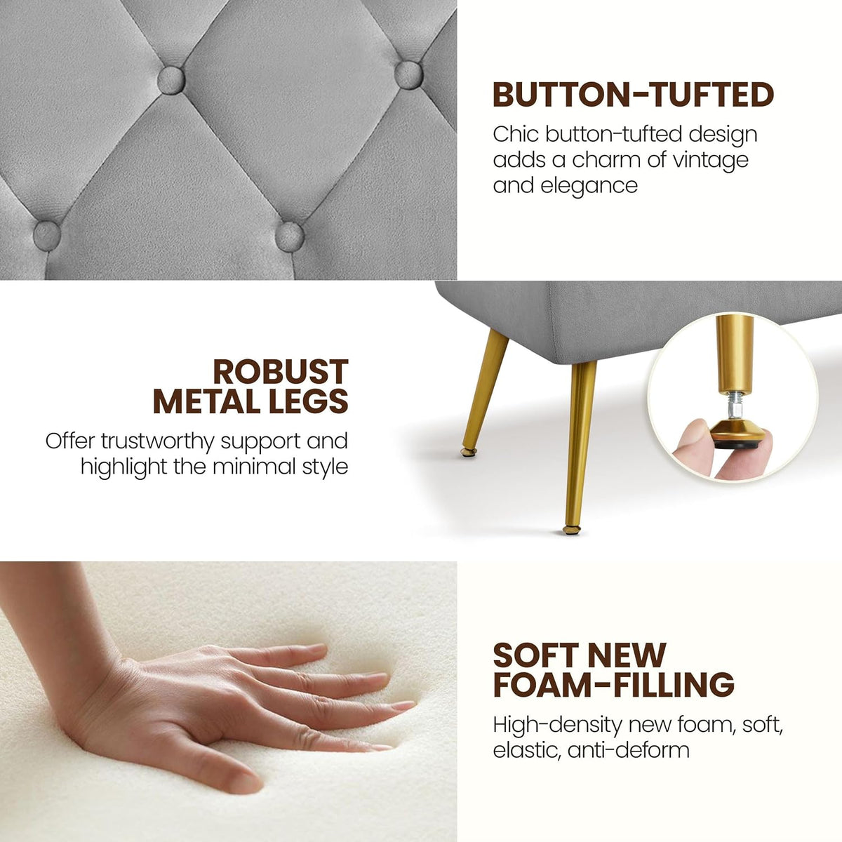 Yaheetech 45in Upholstered Velvet Ottoman Bench Seat with Gold Legs, Gray | Tufted Upholstered Bench Seat, Bed Bench with Tapered Gold Metal Legs, Sized for Window Seat Entryway Living Room