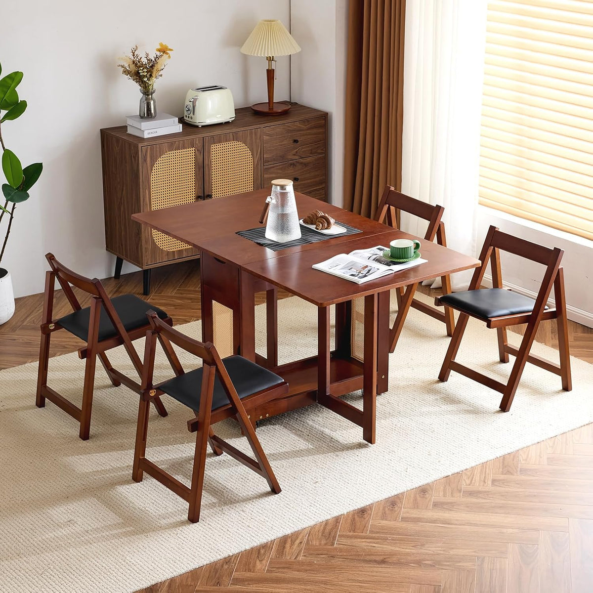 VINGLI 5-Piece Folding Dining Table Set, Extendable Drop Leaf Solid Wood Table with 4 Chairs, Drawers & Wheels, Space-Saving Design for Kitchen, Walnut