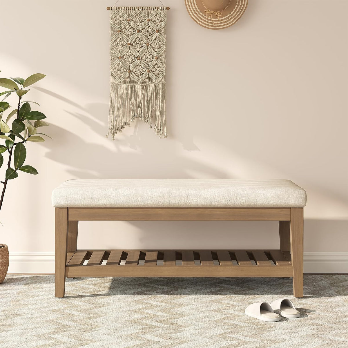 Apicizon 45" Shoe Rack Bench with Cushion, Solid Rubberwood Entryway Bench with Shoe Storage, Modern Chenille Upholstered Shoe Storage Bench for Hallway Bedroom Living Room Front Door Entrance, Beige