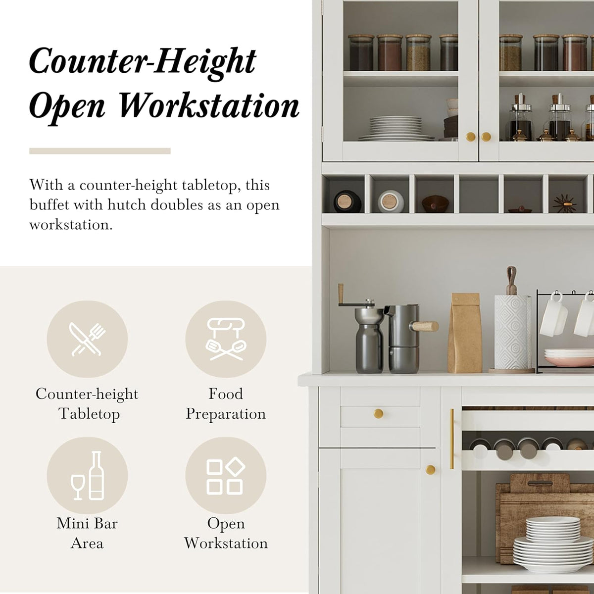 roomfitters Farmhouse Kitchen Pantry Buffet Hutch with Wine Rack and Glass Doors, Tall Storage Cabinet, White
