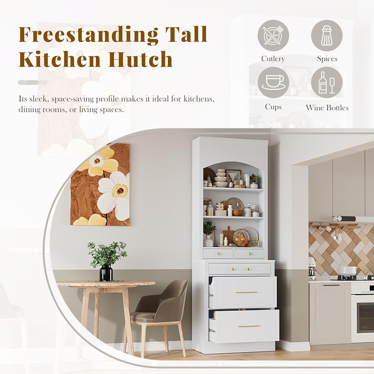 Mirightone 83.7Inch Tall Kitchen Pantry Cabinet, Corner Cabinet with 5 Storage Drawers and Adjustable Shelf, Freestanding Kitchen Pantry with Faux Marble Top. White