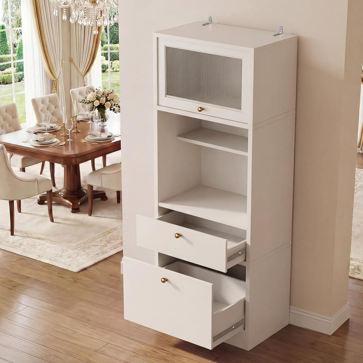 71" Tall Pantry Cabinet, Freestanding Storage Cabinet with Doors and Adjustable Shelves, Drawer and Anti-Tip Kit, E1-Grade Wood for Kitchen Pantry Bathroom Storage, Warm White