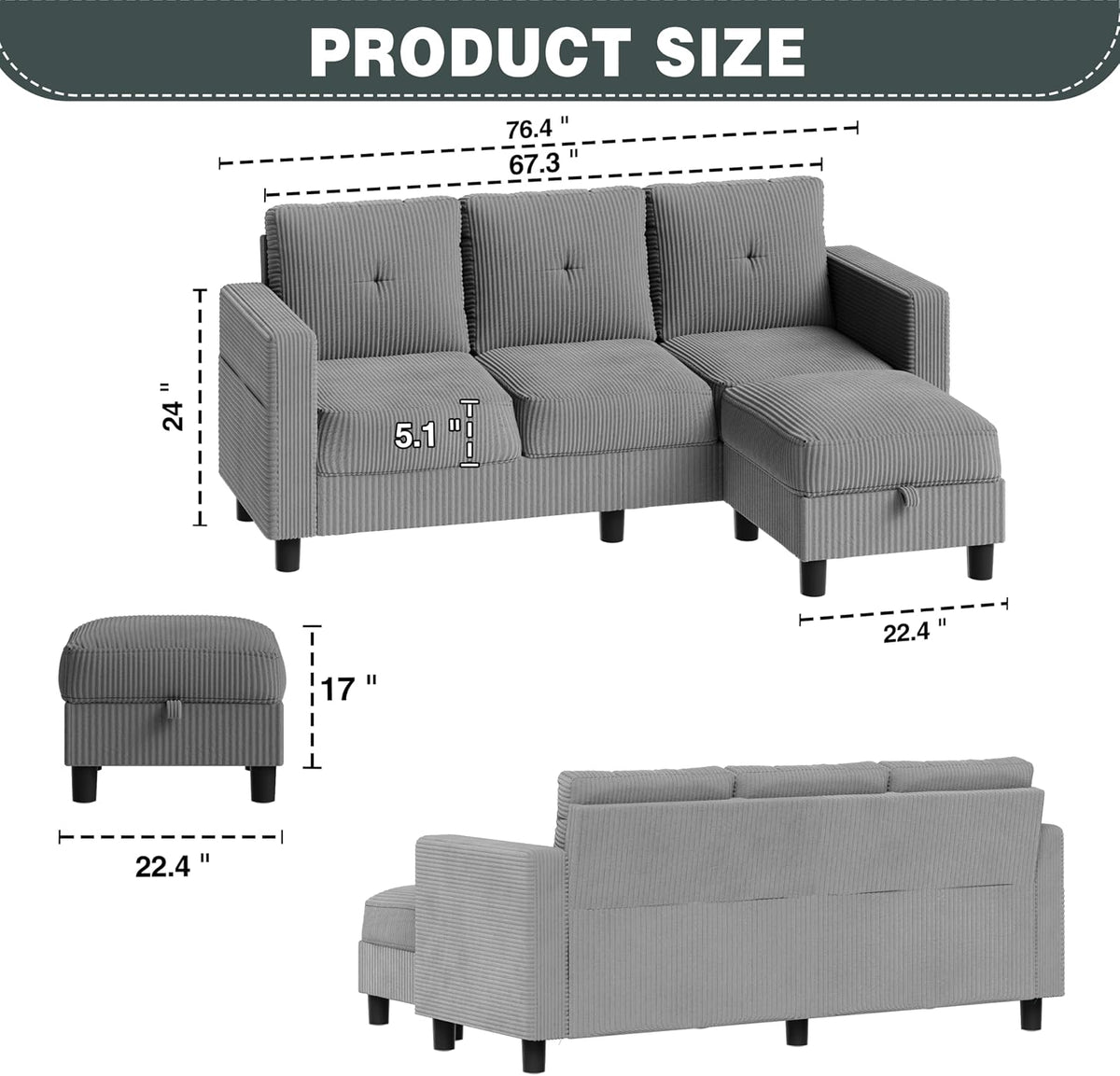 SUNLEI Convertible Sectional Sofa for Small Spaces, L Shaped Modular Sofa with Reversible Chaise & Ottoman Storage, 3 Seat Modern Small Couches for Living Room in Apartment, Linen Fabric, Greige