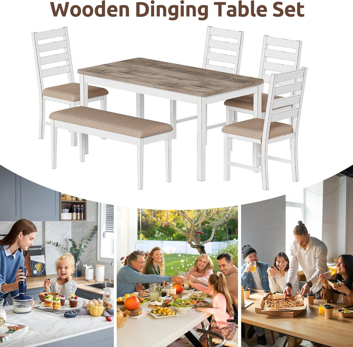 59" Dining Table Set Farmhouse Rectangular White Kitchen Room Table & Chairs Set Solid Wood Stable Space Saving Easy Clean (1 Bench& 4 Chairs)