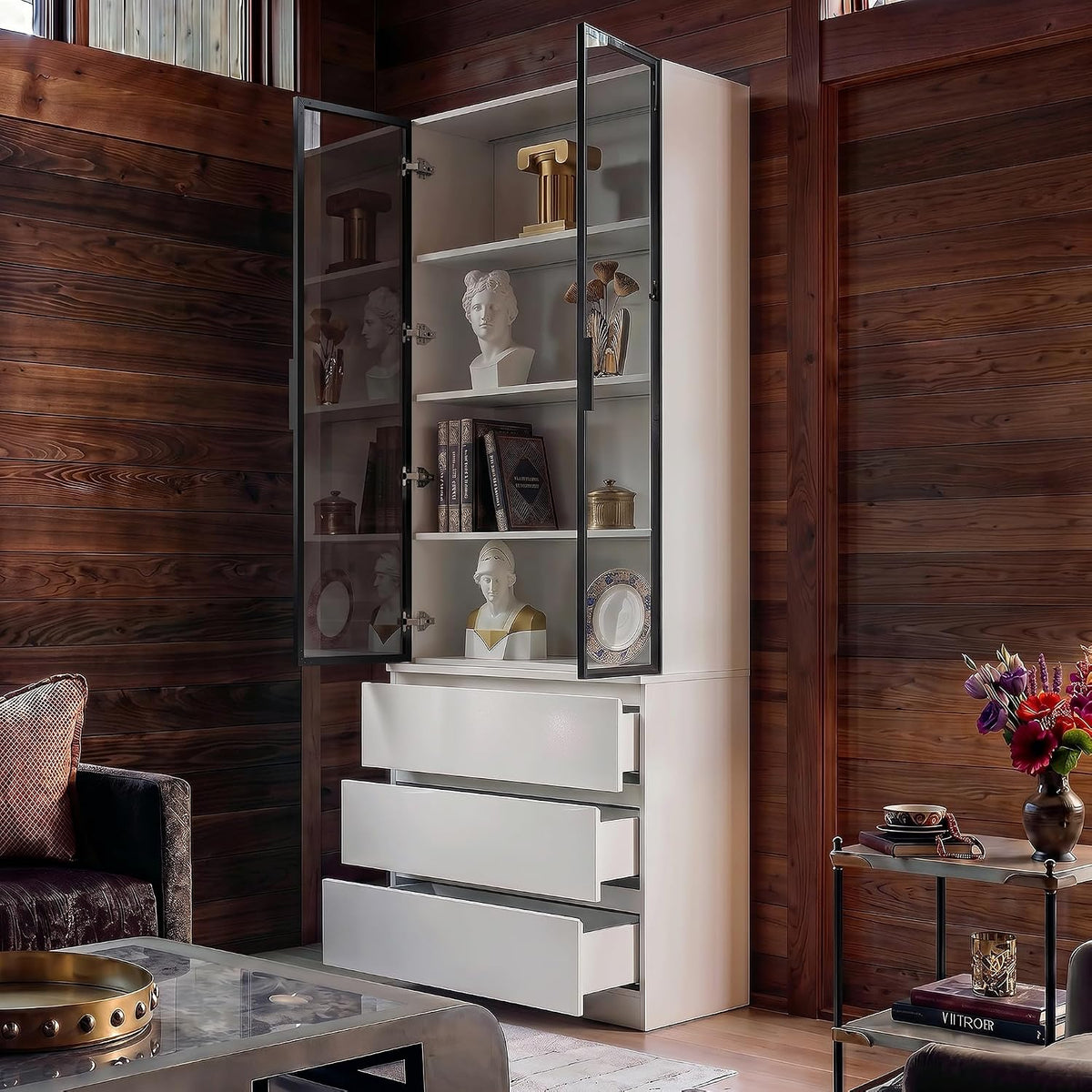 Homsee 92.5" H Lighted Kitchen Pantry Cabinet with 3 Drawers & Glass Doors, Kitchen Cupboard w/3-Color LED Lights & 4-Tier Display Shelves, Modern Storage Cabinet w/Countertop, 31.5" W Cream White