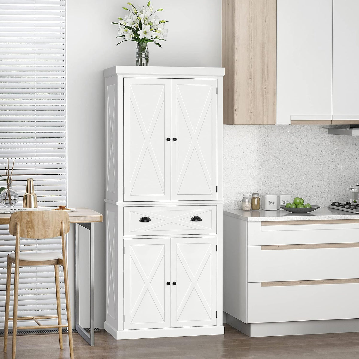 HOMCOM 72" Kitchen Pantry Storage Cabinet, Traditional Freestanding Pantry Cabinet with 4 Doors and 2 Adjustable Shelves, Large Central Drawer, X-Frame, White