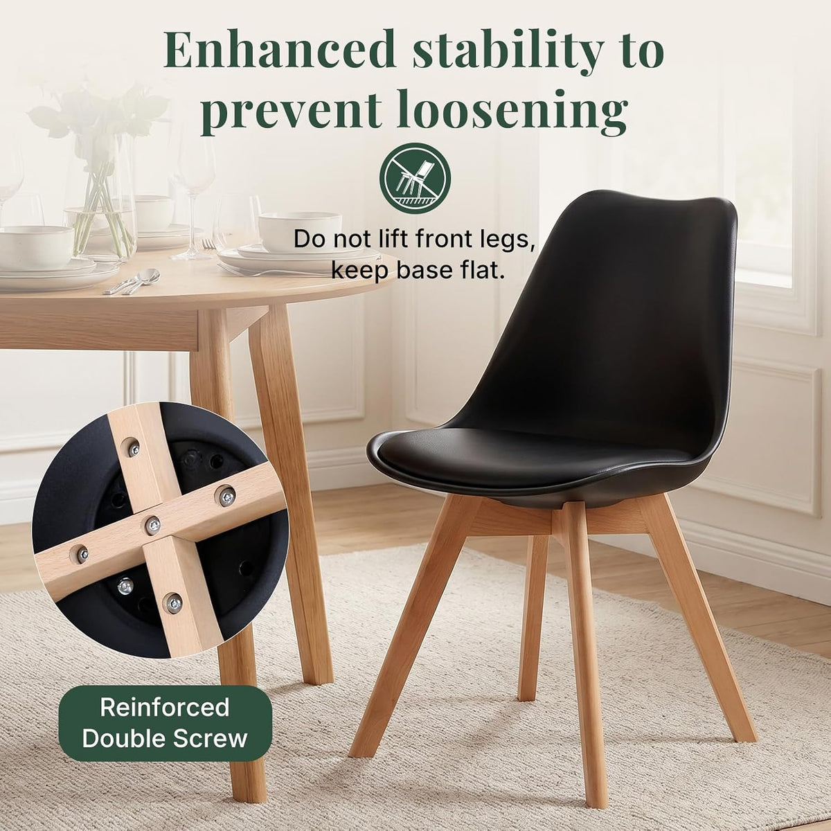 Dining Chairs Set of 8, PU Leather Padded Seat for Living Room | Modern, Upholstered Kitchen Chairs, Thick Cushions, Curved Back, Solid Wood Legs, Apartment, Restaurant, Black