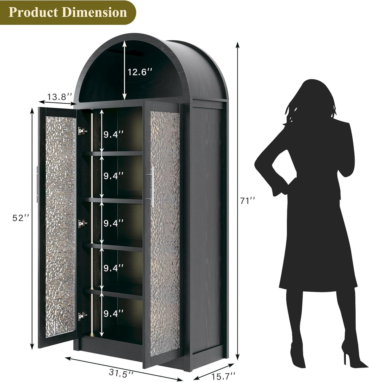 HUAHUU Arched Kitchen Pantry Cabinet, 71" Tall Pantry Storage Cabinet with 2 Doors, 5 Shelves, Arched Top, Modern Freestanding Cupboard for Kitchen Dining Room, Bedroom, Black