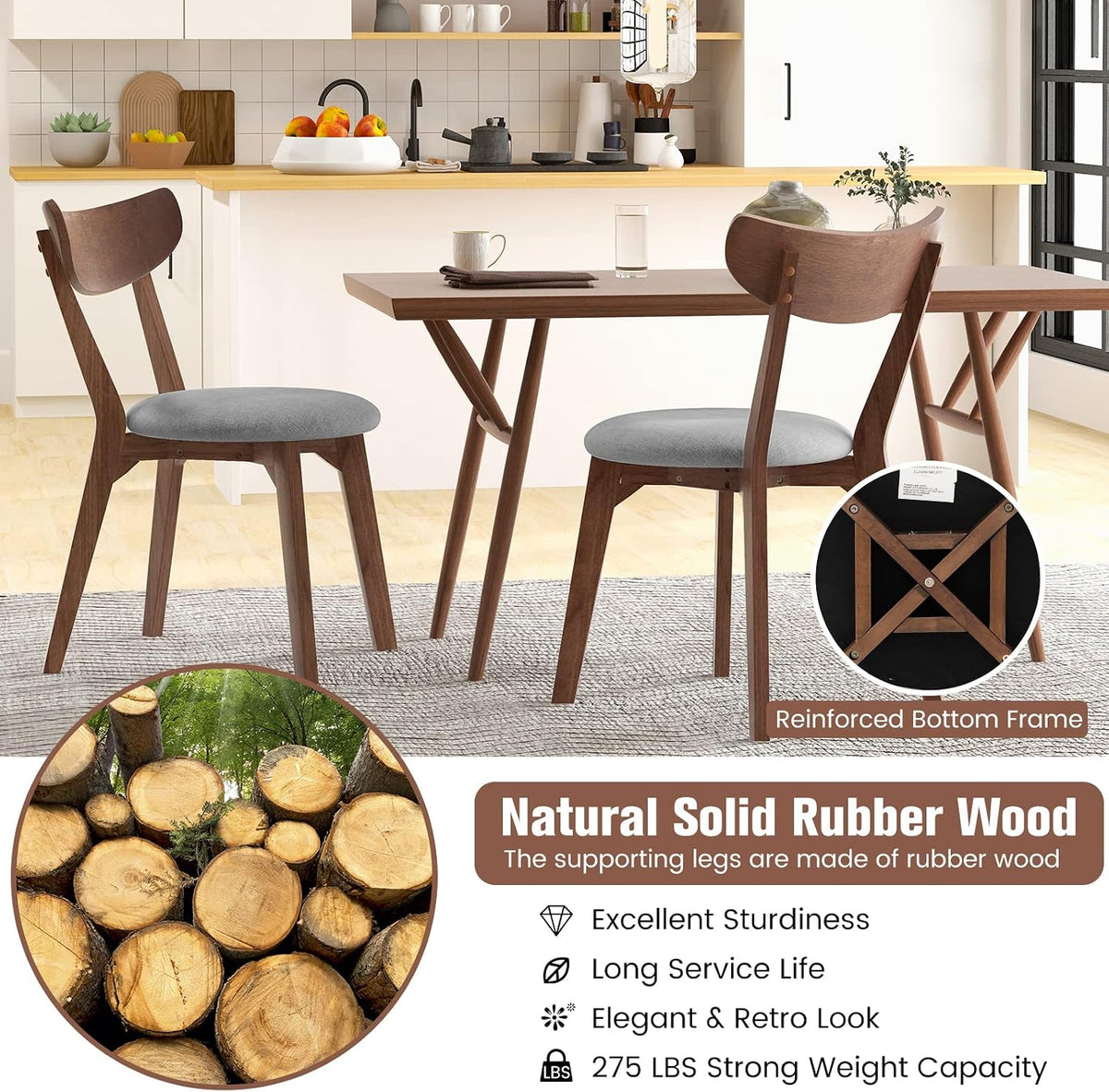 KOTEK Dining Chairs Set of 4, Mid Century Modern Kitchen Chairs with Rubber Wood Legs, Cushioned Seat, Curved Backrest, Wooden Side Chairs for Dining Room, Living Room