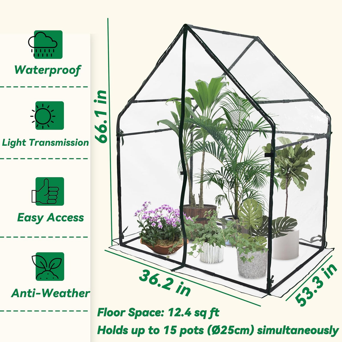 Gardzen Small Walk-in Greenhouse, Heavy Duty Portable Green House for Outside with Sturdy Frame & Clear Cover, Protects Plants from Cold, Rain, 36.2"(L) x53.3(W) x66.1(H)