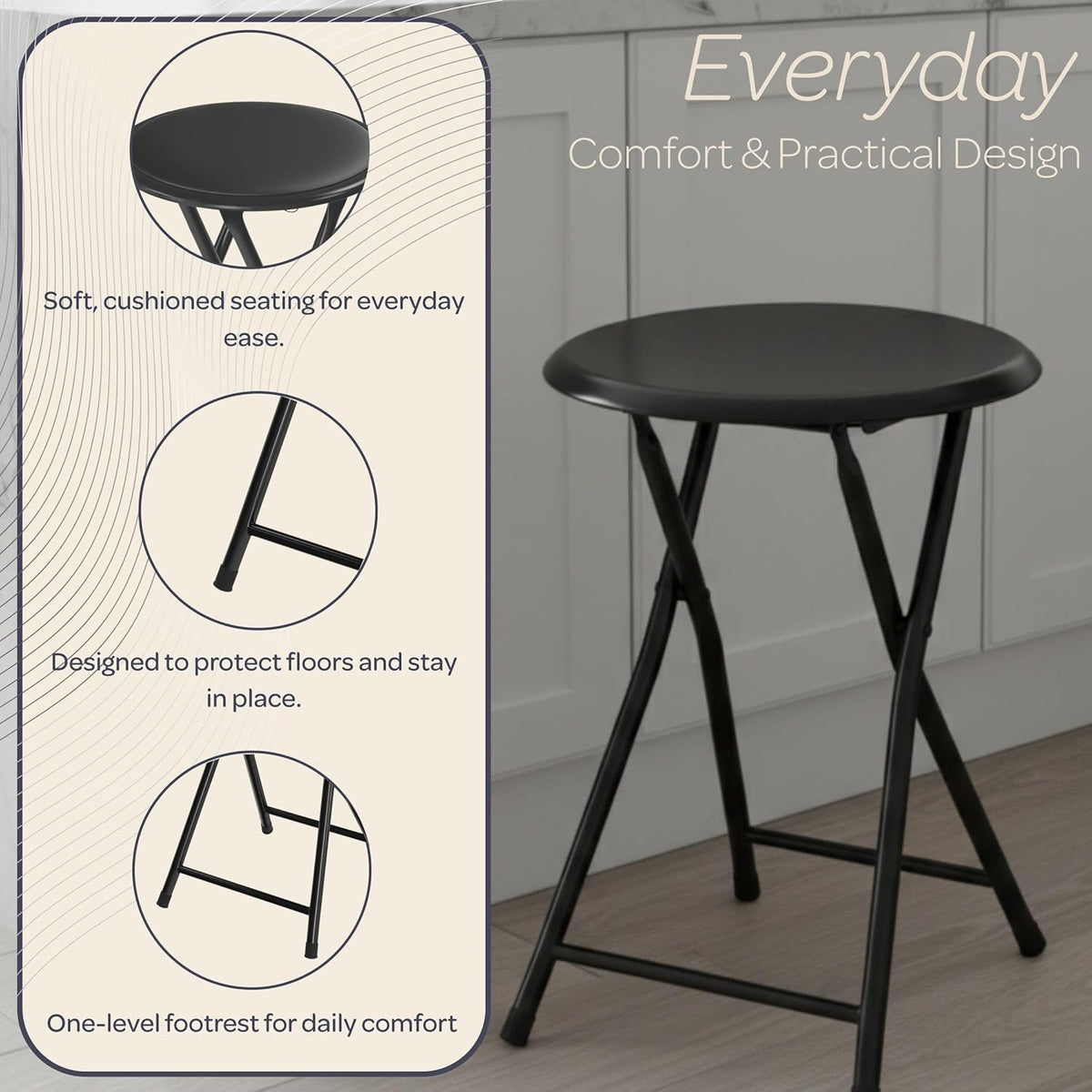 Folding Stool - Portable Backless 18-Inch Stool with 225lb Capacity, Single | Collapsible Counter Bar Stools, Compact Folding Chair, for Kitchen or Rec Room, Camping, Indoor and Outdoor by Lavish Home