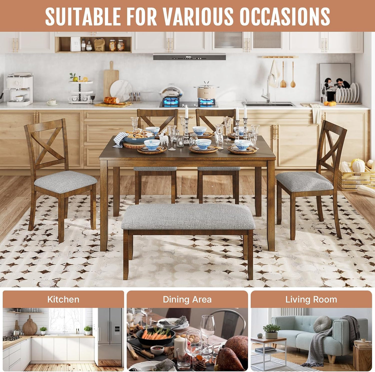 Zevemomo 6-Piece Wooden Dining Table Set, Wooden Legs Dining Table, Walnut | Dining Table Set for 6, Including 1 Dining Table, 4 Upholstered Chairs and 1 Bench, Table Set for Dining Room & Kitchen