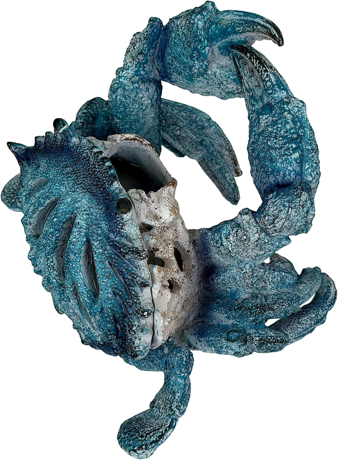 Crab Wine Bottle Holder, 8 Inch Turquoise Resin with Coral-Look Center | Raised Claws, Shell Ridges, Textured Legs, Distressed Whitewashed Finish, Open Center for Angled Display