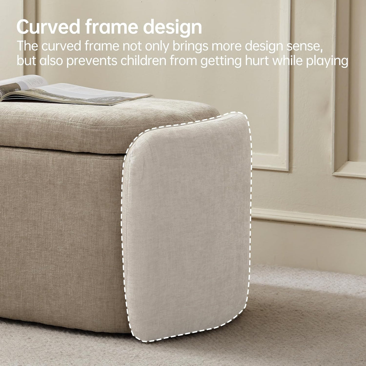 VKNOW Storage Bench, Upholstered Storage Ottoman Bench with Hinge, Khaki | Ottoman Bench with Large Capacity, Curved Frame, Soft Fabric, Storage Bench for Bedroom, Living Room, Entryway