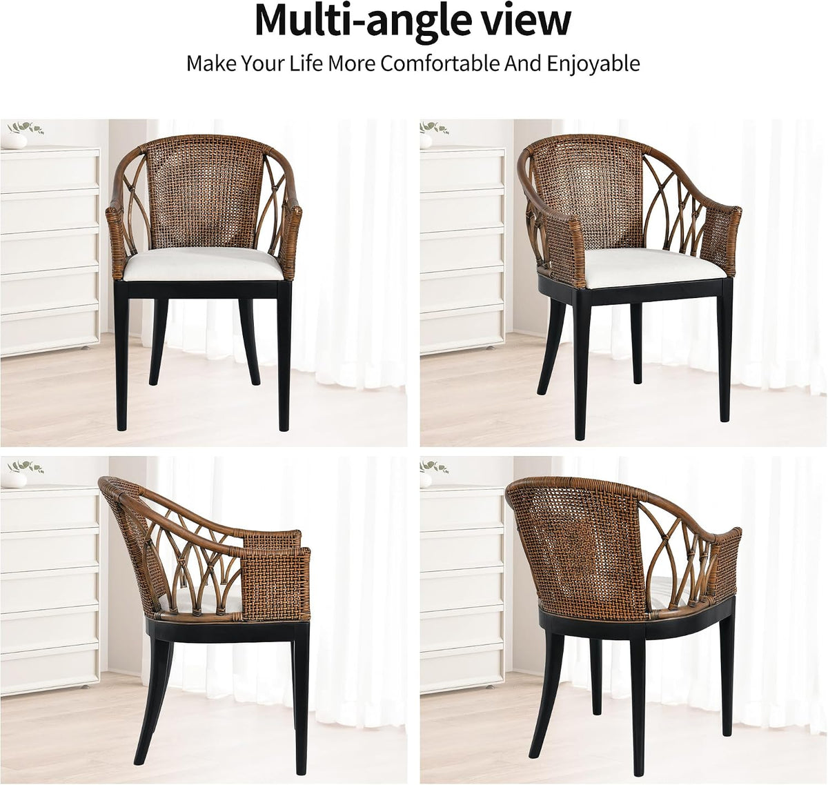 DUHOME Wood Rattan Arm Accent Chair Natural Wash/White Cushion Side Armchair Gianni Brown & Black Solid Living Room Chair for Living Room Bedroom Office Foyer Arm Chair