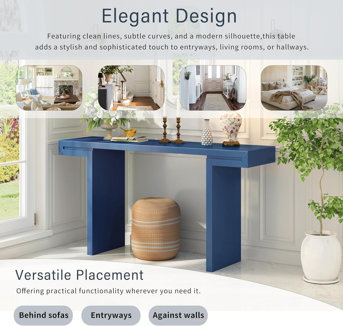 Quarte 60-Inch Modern Console Table with Geometric Clean Lines Design, Spacious Entryway Table for Hallway, Living Room & Office (Navy Blue/60)
