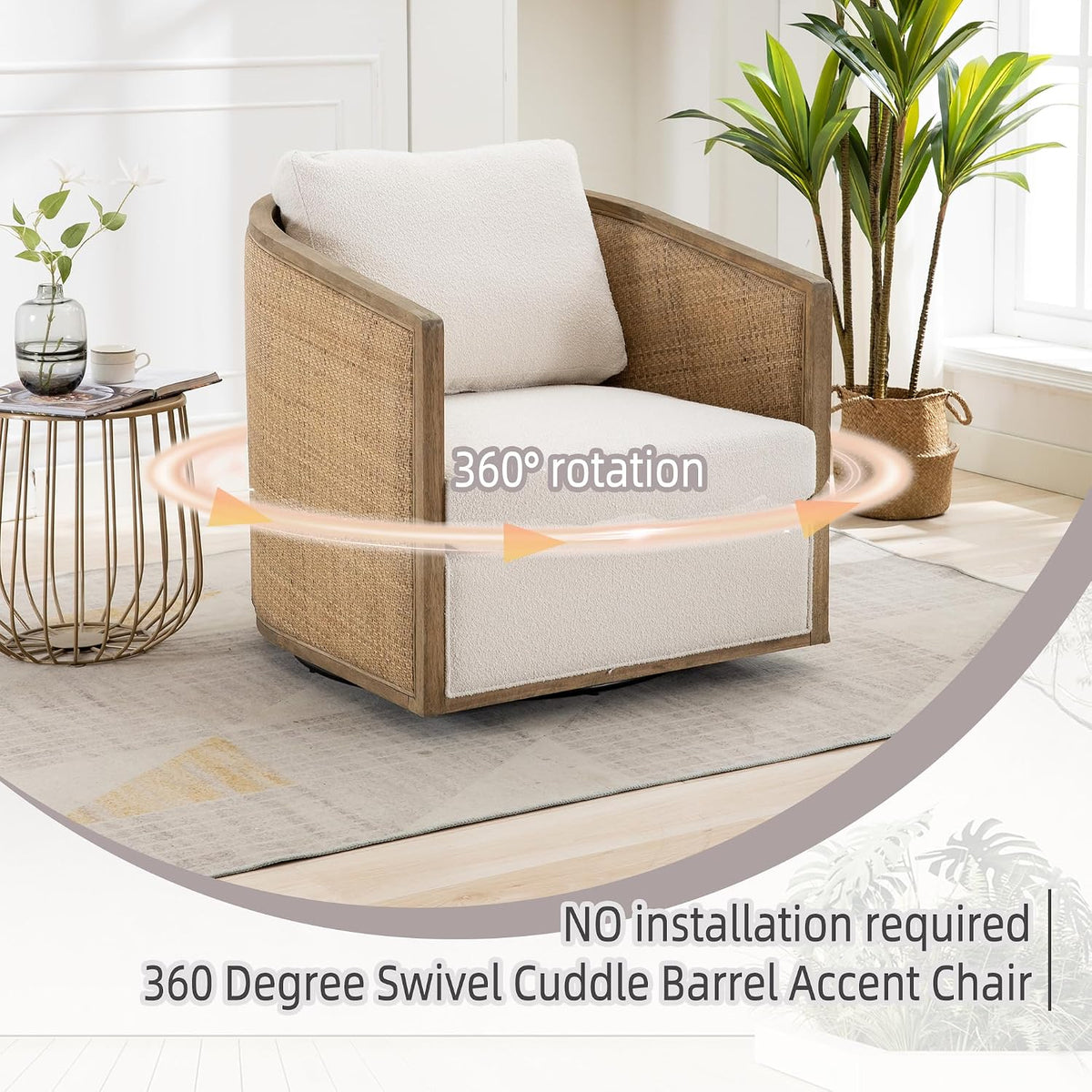 Anwick Brown Swivel Barrel Chair & Rattan Accent Chair, Modern Club Chair, Small Chair, Corner Chairs & Reading Chair for Bedroom, Living Room, Reading Nook, Adults (Beige Boucle)