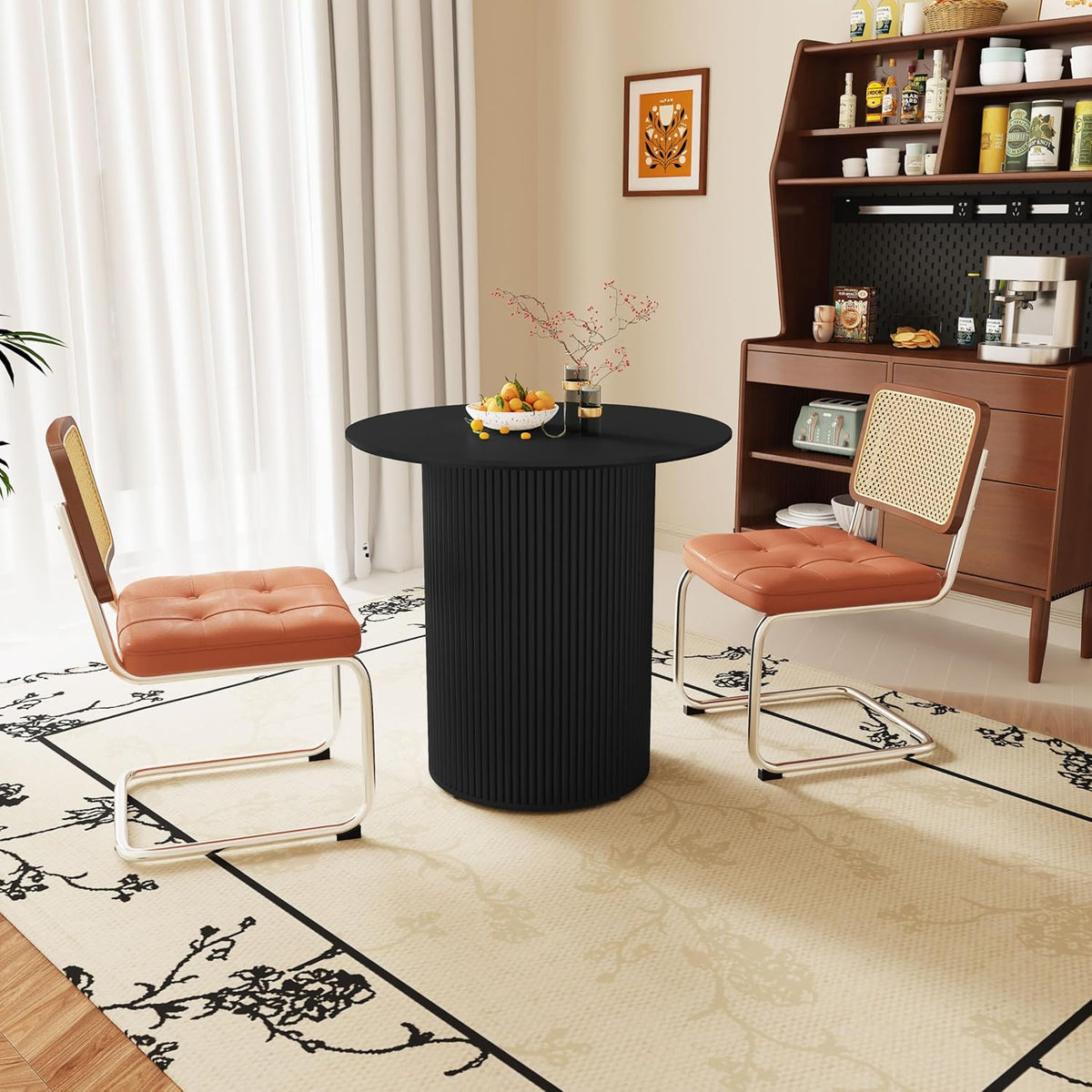 31.5 inch Round Dining Table for 2, Farmhouse Wood Fluted Dinner Round Kitchen Table with Wood Fluted Base, Mid-Century Modern Small Circle Dining Room Ta ble for Kitchen Living Room (Black)