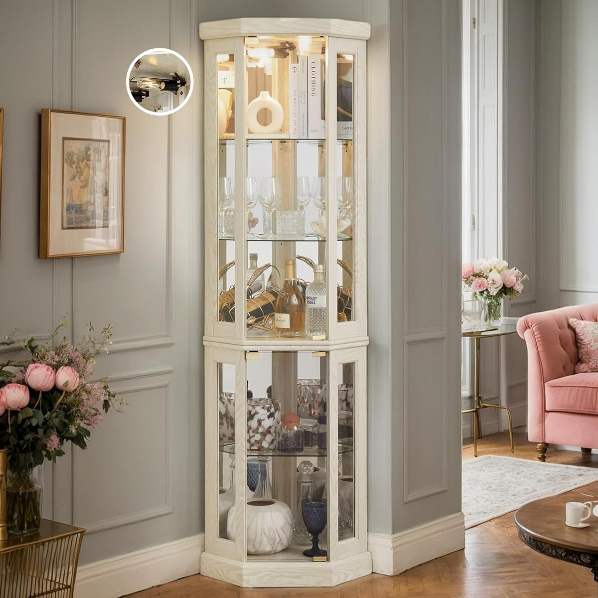 Corner Curio Cabinet, 70" H Lighted Glass Display Cage with Tempered Glass Doors and Adjustable Shelves, Bulb Inclued, Wine Bar China Cabinet for Living Room Liquor Storage (White)