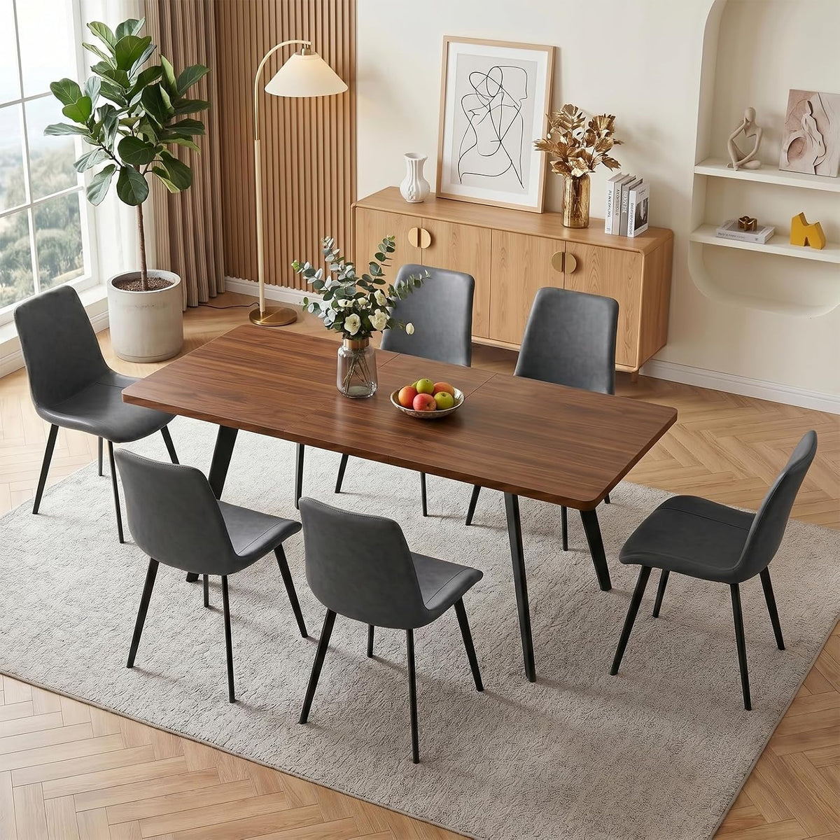 Zerifevni 70.87" Large Extendable Dining Kitchen Table with 6 Chairs | Compact Table with Removable Leaf, Modern MDF Wood Grain Table for Small Space Apartment, Easy Assembly