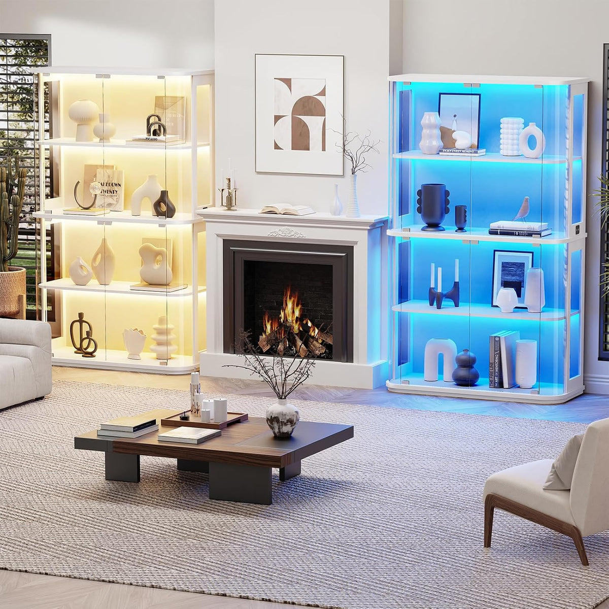BROTTAR Large Rounded Display Cabinet with Glass Door, 4-Tier Curio Cabinet with 3 Color Lights for Collectibles, Glass Display Case with Transparent Full-Display Surface, Human Body Sensor, White