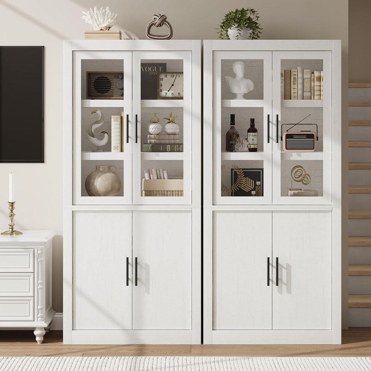 Garvee Tall Kitchen Pantry Cabinet, Farmhouse Wood Storage Cabinet with 4 Doors and Adjustable Shelves, Sturdy Frame, 70.45" Large Office Bookcase Cabinets for Kitchen, Dining, Office, Rustic White