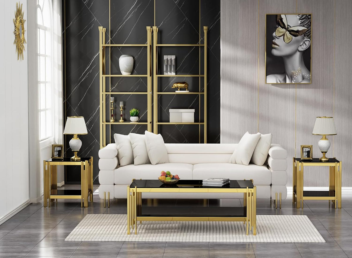 Henf 3-Piece Black Glass Living Room Table Set, 2-Tier Glass Coffee Table & 2 End Tables, Luxury Gold Coffee Table Set of 3 with Shining Golden Frame for Living Room Apartment Office