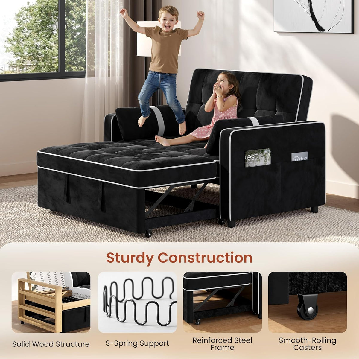 Yaheetech 3 in 1 Sofa Bed Convertible Velvet Sofa Pull Out Couch Folding Loveseat Sleeper with Adjustable Backrest, Armrest Pillows, USB Ports, Side Pockets for Living Room Bedroom Apartment, Black