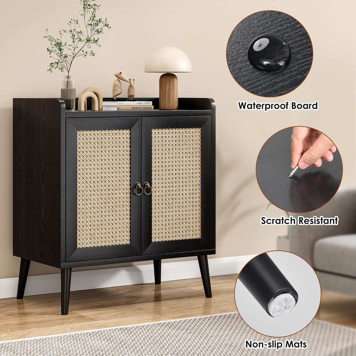 Sideboard Buffet Cabinet with Storage, Rustic Bar Liquor Cabinet with Boho Rattan Decorated Doors, Retro Credenza Console Table for Dining Room Living Room Hallway EntryWay, Black