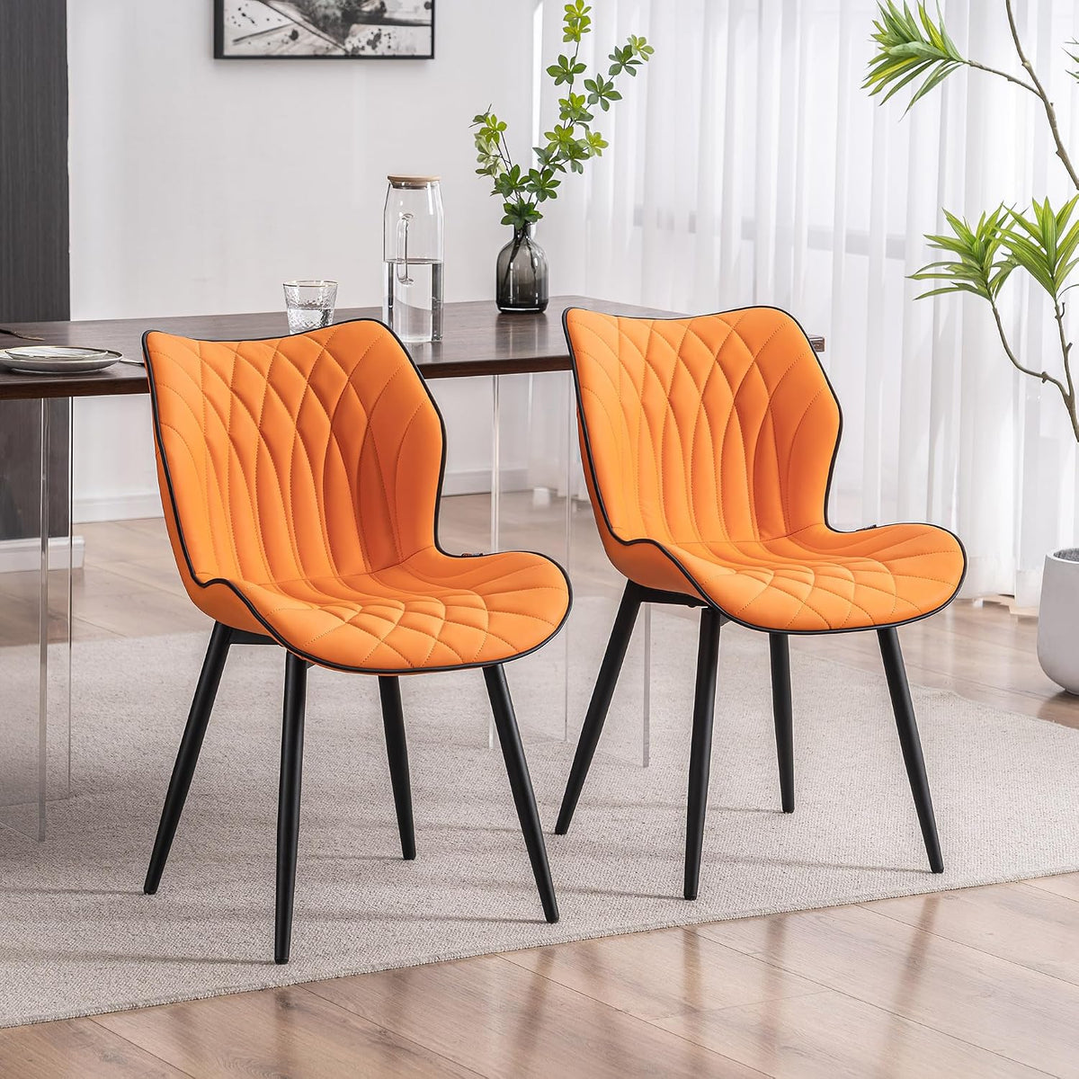 Kidol & Shellder Dining Chairs Set of 2, PU Leather Upholstered Kitchen Chairs with Back Armless, Mid Century Modern Side Chair for Dining Room, Living Room, Lounge, Restaurant, Orange