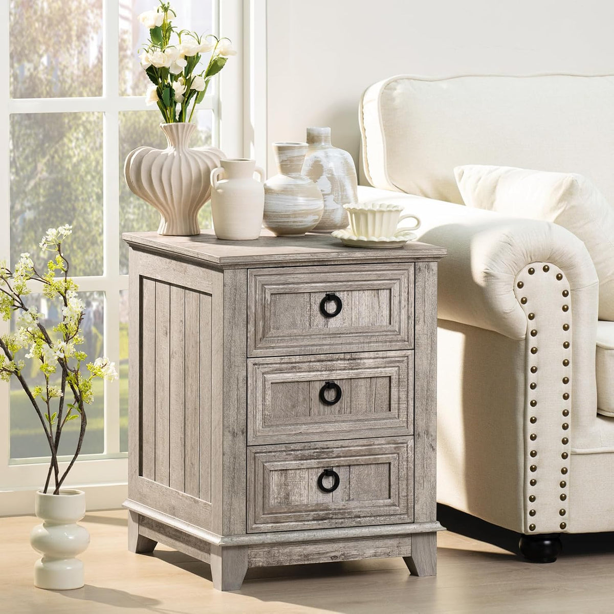 Joaxswe Farmhouse Nightstand Set 2, 18'' End Table | Sofa Bed Side Table with 3 Drawers, Oak Night Stand Cabinet for Organizer Bedroom Living Room