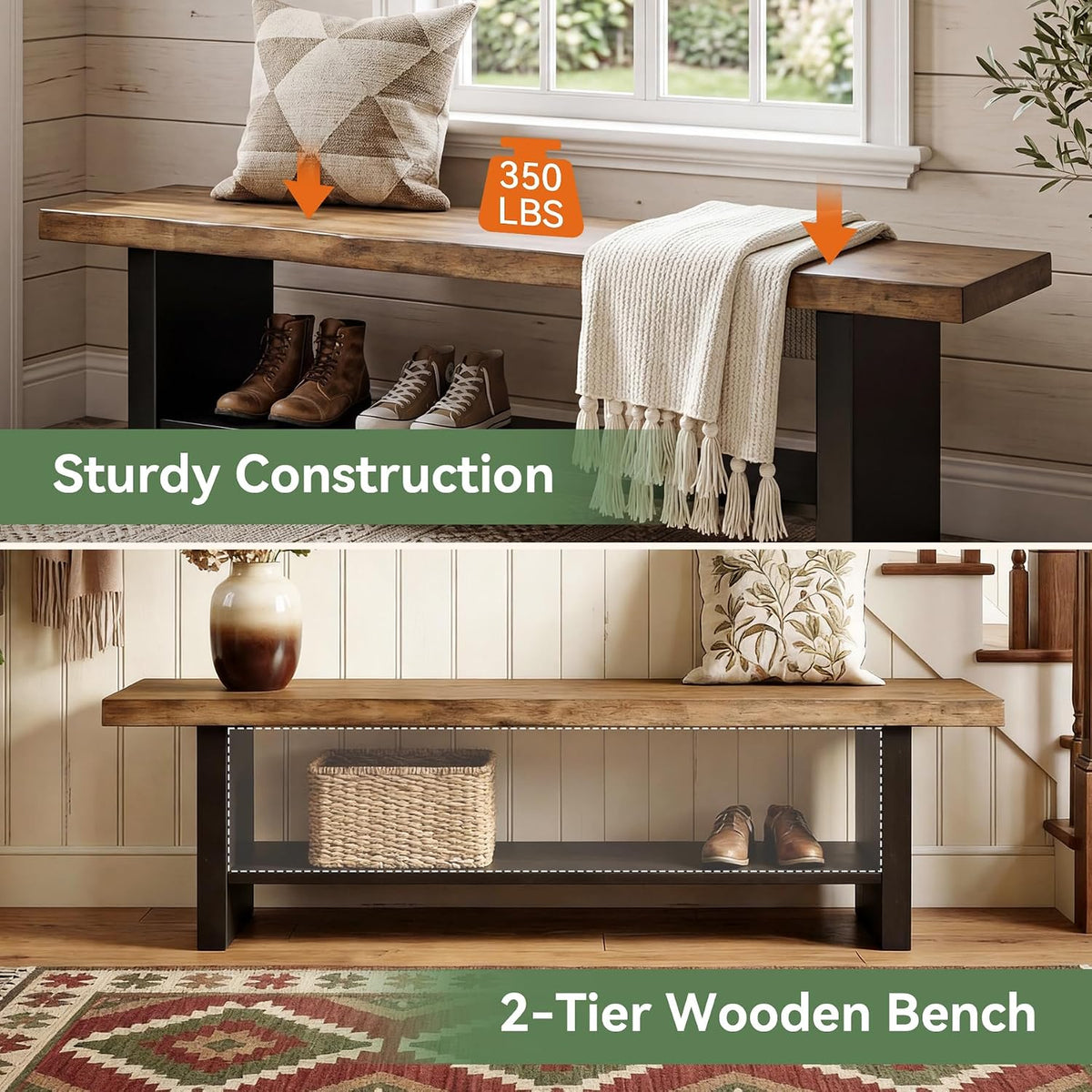 55" Solid Wood Bench with Shoe Storage, 2-Tier Farmhouse Entryway Bench, Narrow Rustic Brown Bench for Bedroom, Hallway