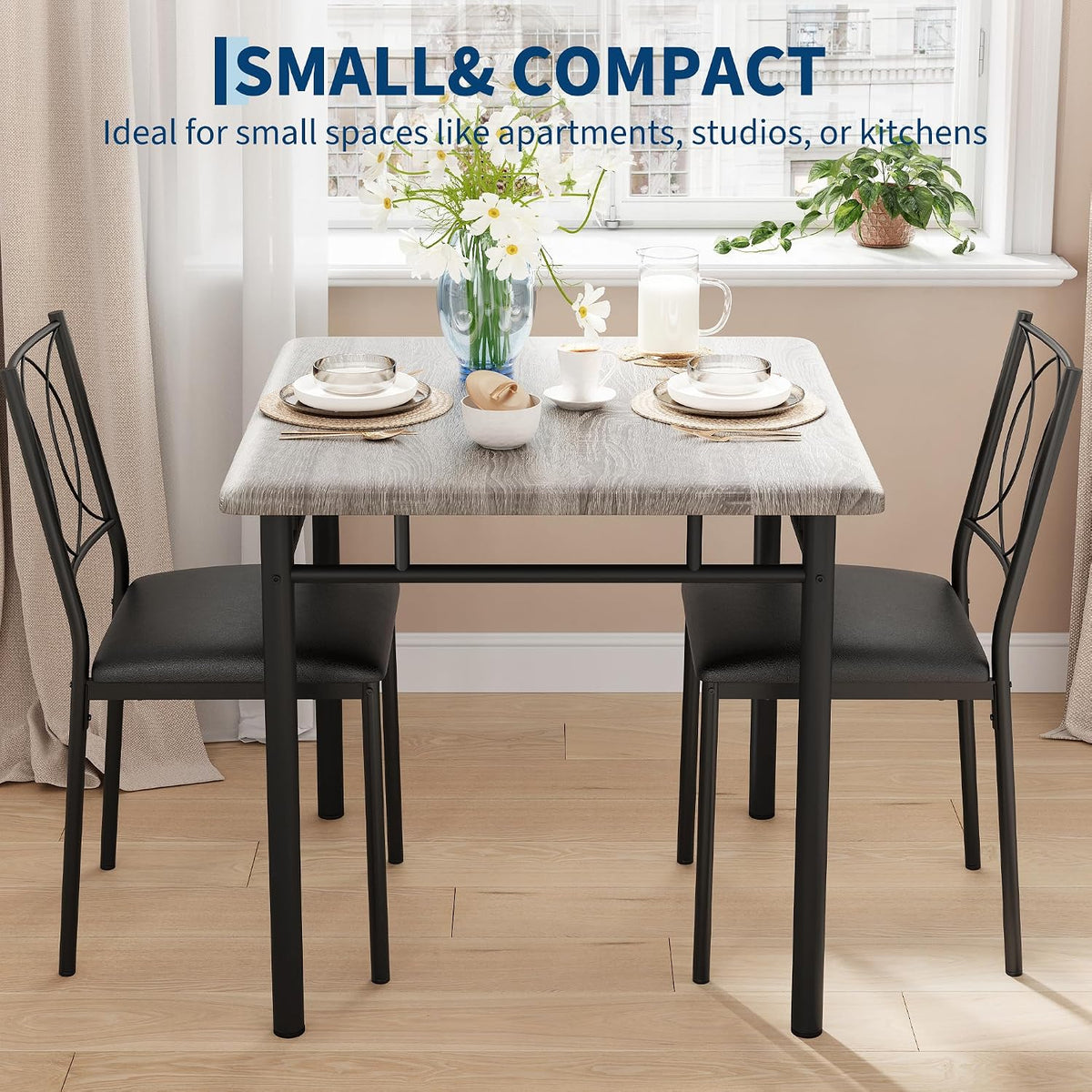 Garvee Dining Table Set for 2, Small Kitchen Table with Upholstered Chairs | Farmhouse Wood Dining Table Chairs for Kitchen Room, Small Spaces, Apartment