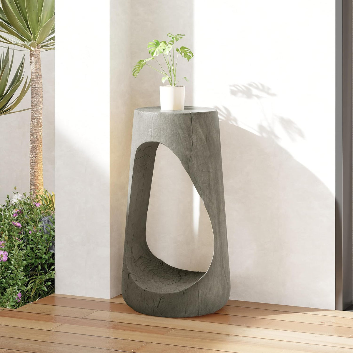 14.96" Side Table,Hollow Design End Patio Garden Stool Decorative Accent Table for Balcony Beach Pool Side,Lightweight Concrete,Wood Like Texture,Grey