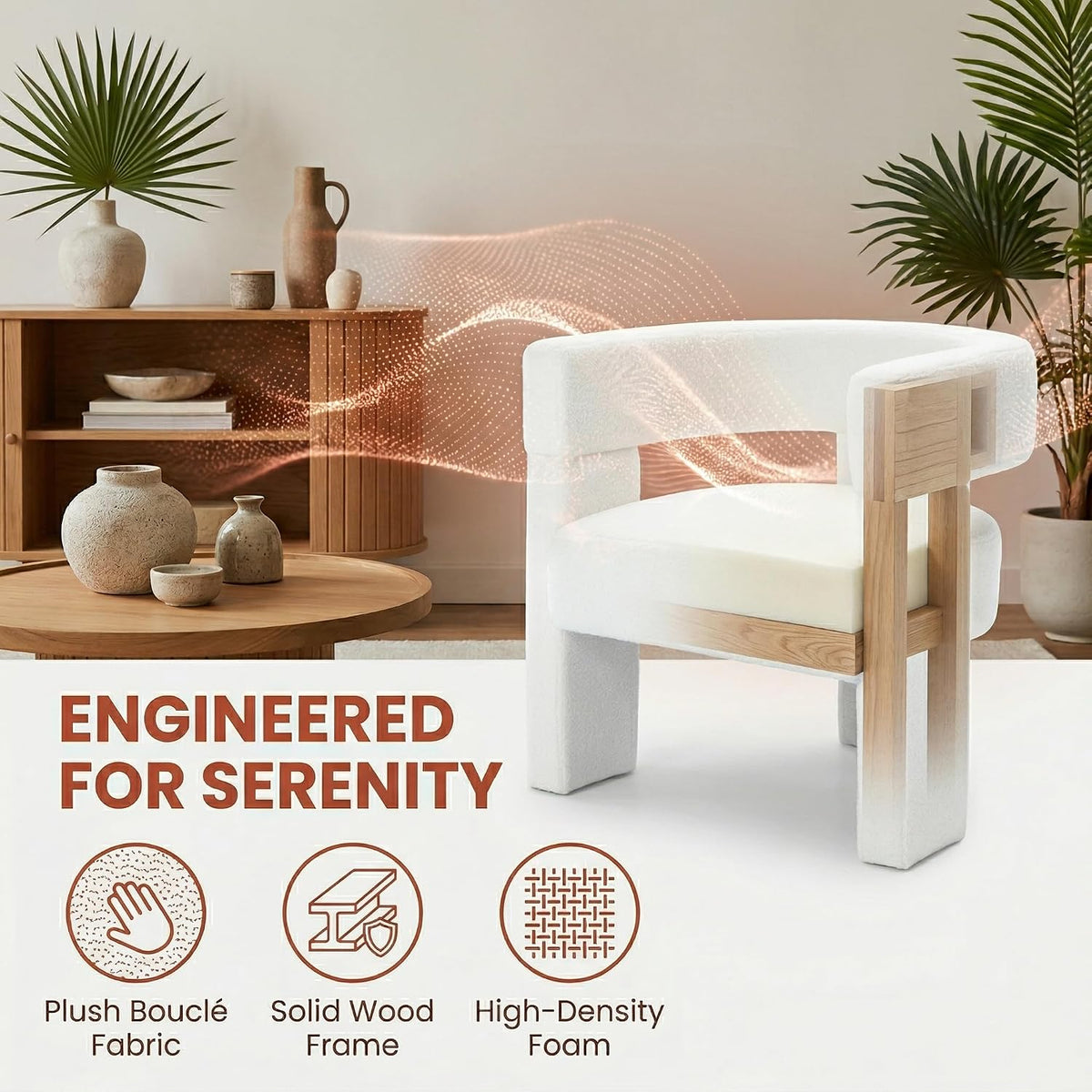 White Modern Accent Chair, Upholstered Barrel Armchair with Solid Wood Legs