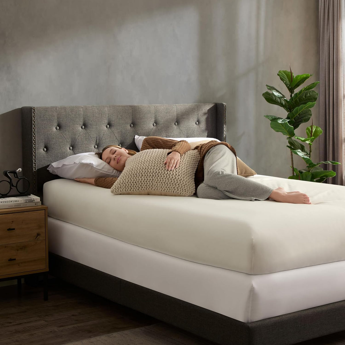 Hearth & Harbor Queen Bed Frame with Headboard Wingback – Linen Platform Bed Frame Queen Size, Button-Tufted Upholstered Bed Frame Queen, Modern Bedframe, Box Spring Required, Grey