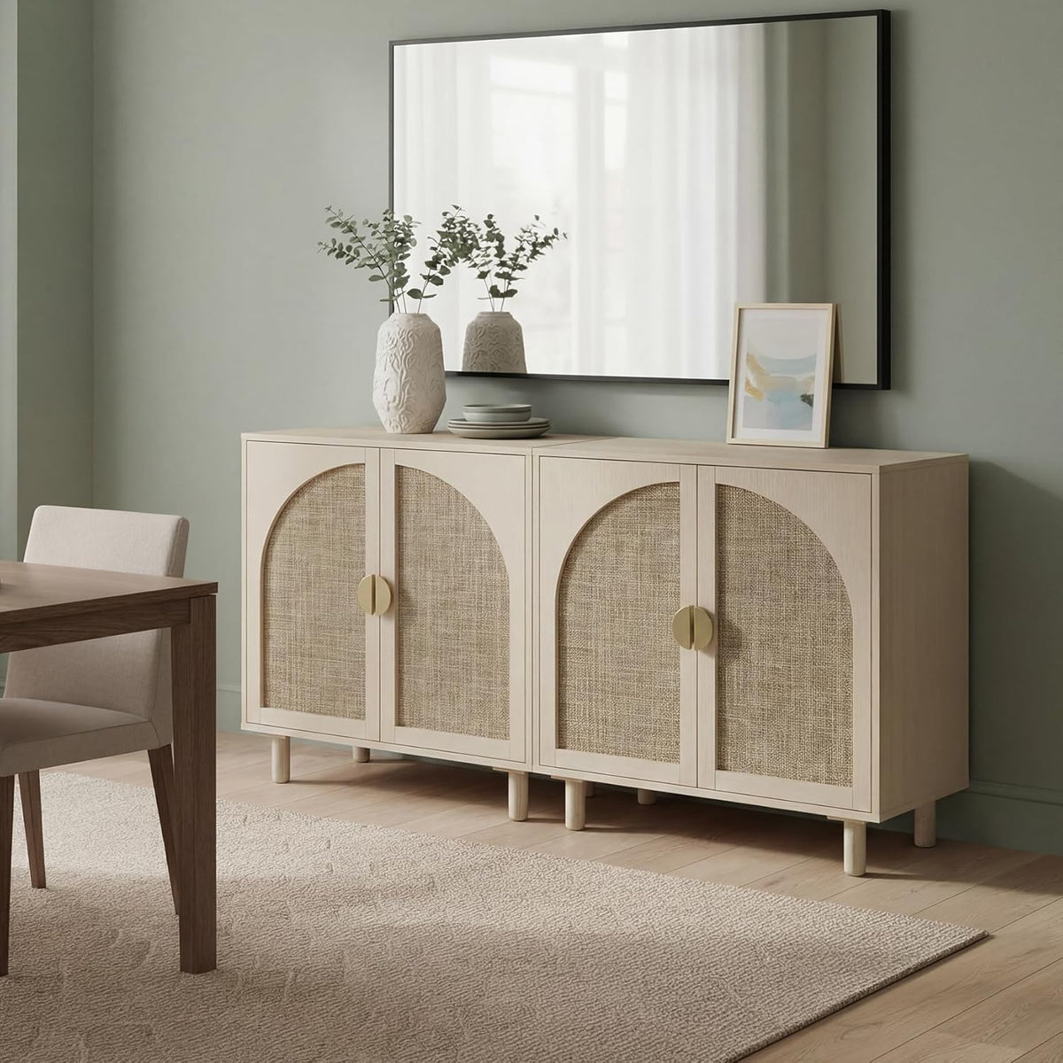 Rattan Cabinet, Storage Sideboard with 2 Doors, Beige Boho Buffet with Adjustable Shelf, Premium Wood Credenza. [Beige, 1pc]
