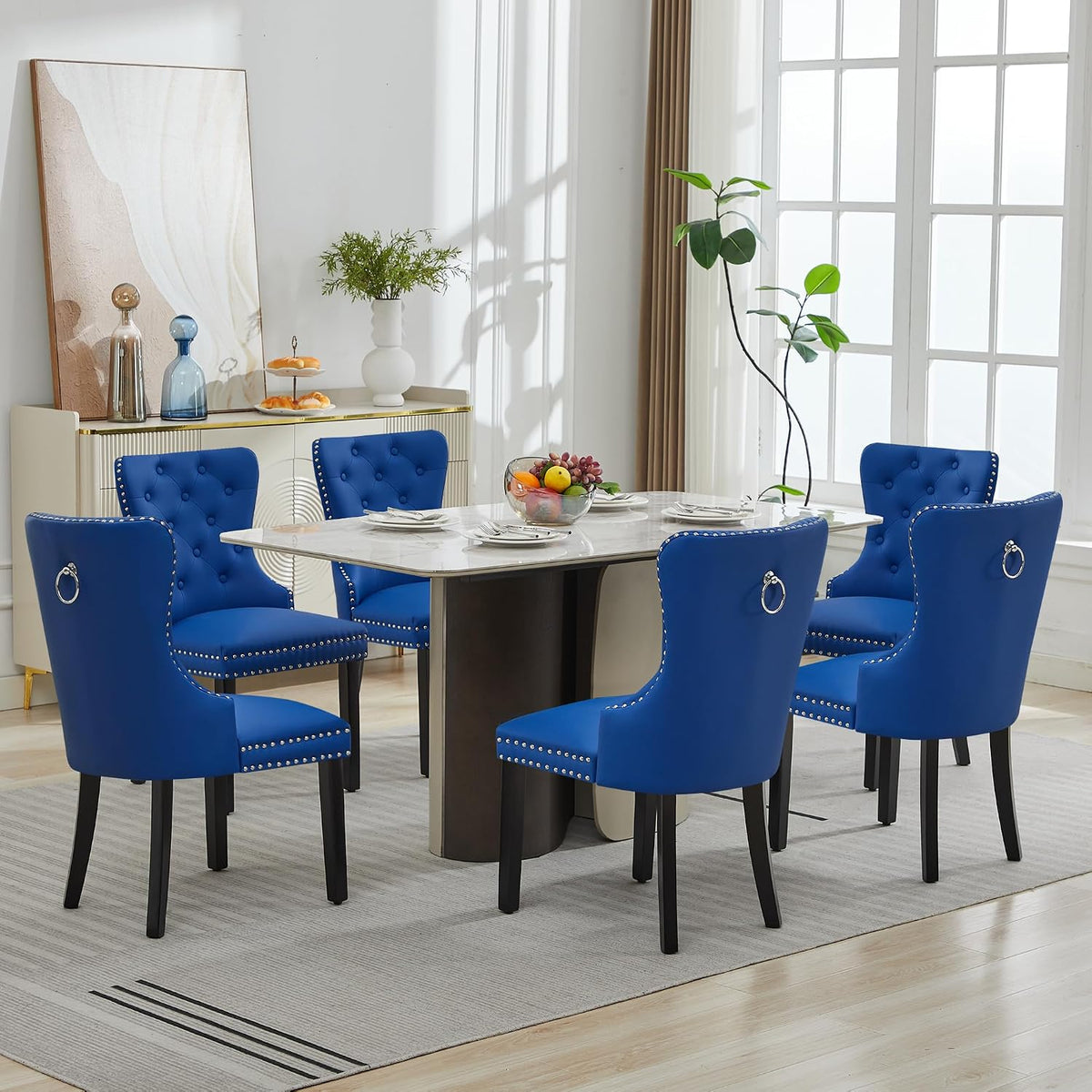 adochr PU Leather Dining Chairs Set of 6, Tufted Upholstered Dining Room Chair with Pull Ring and Solid Wood Legs, Blue