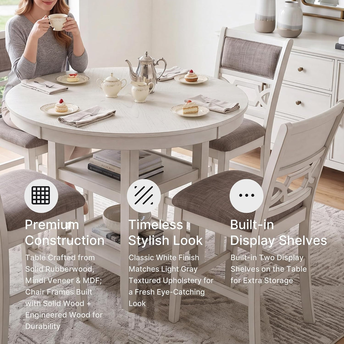 Signature Design by Ashley Round Dining Table Set for 4, Counter Height | 42-inch round table with built-in storage shelves, 4 foam-cushioned light gray barstools, Antique white finish, Erinberg