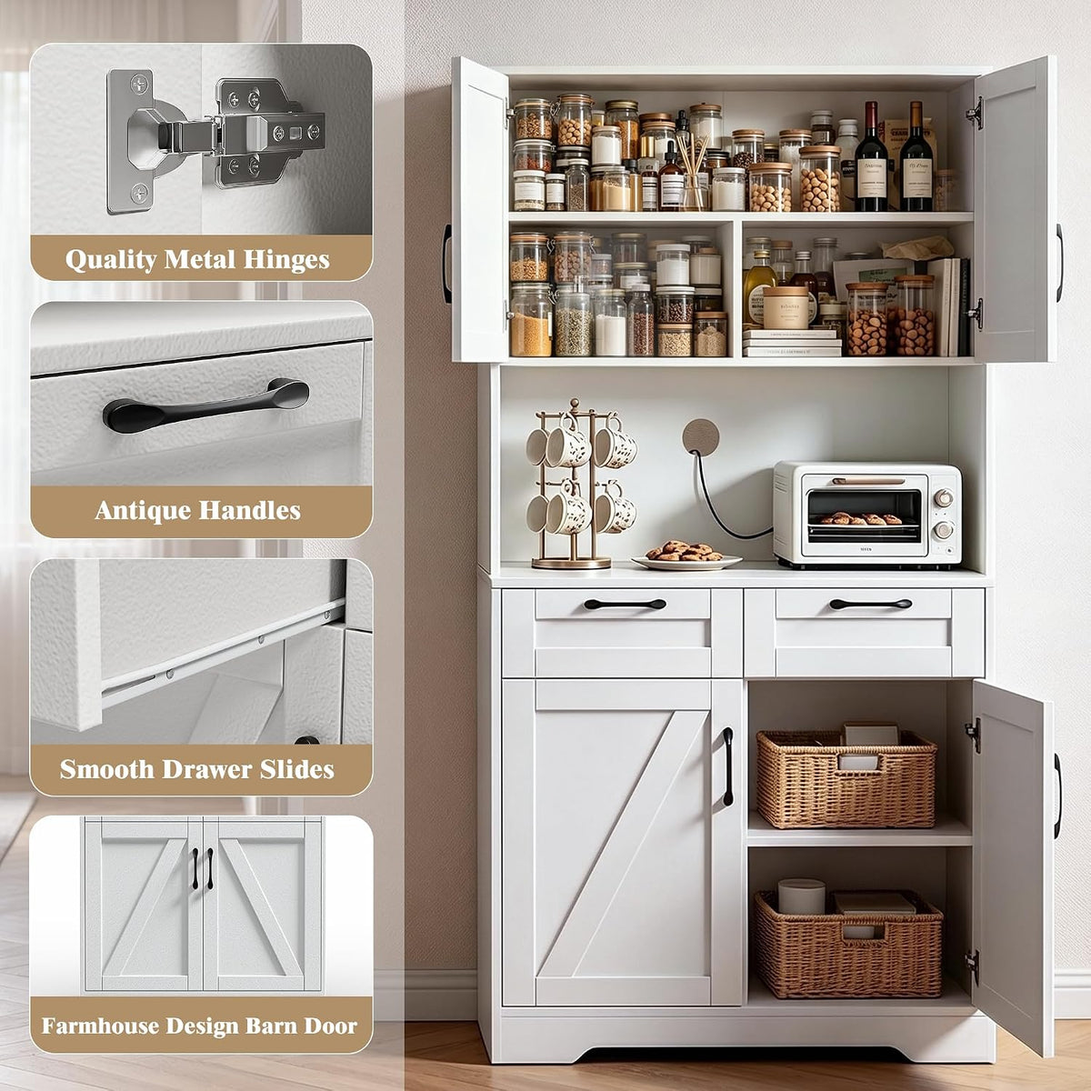 Tall Kitchen Pantry Cabinet with 2 Drawers, White Hutch Cabinet with Storage, Kitchen Pantry Storage Cabinet with Countertop and Adjustable Shelf, Tall Pantry for Kitchen