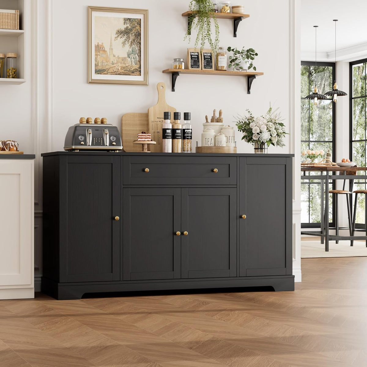 HITHOS 54" Buffet Cabinet with Storage, Modern Kitchen Buffet Sideboard with Drawer, Wood Coffee Bar with Adjustable Shelves, Kitchen Storage Cabinet for Living Room, Black