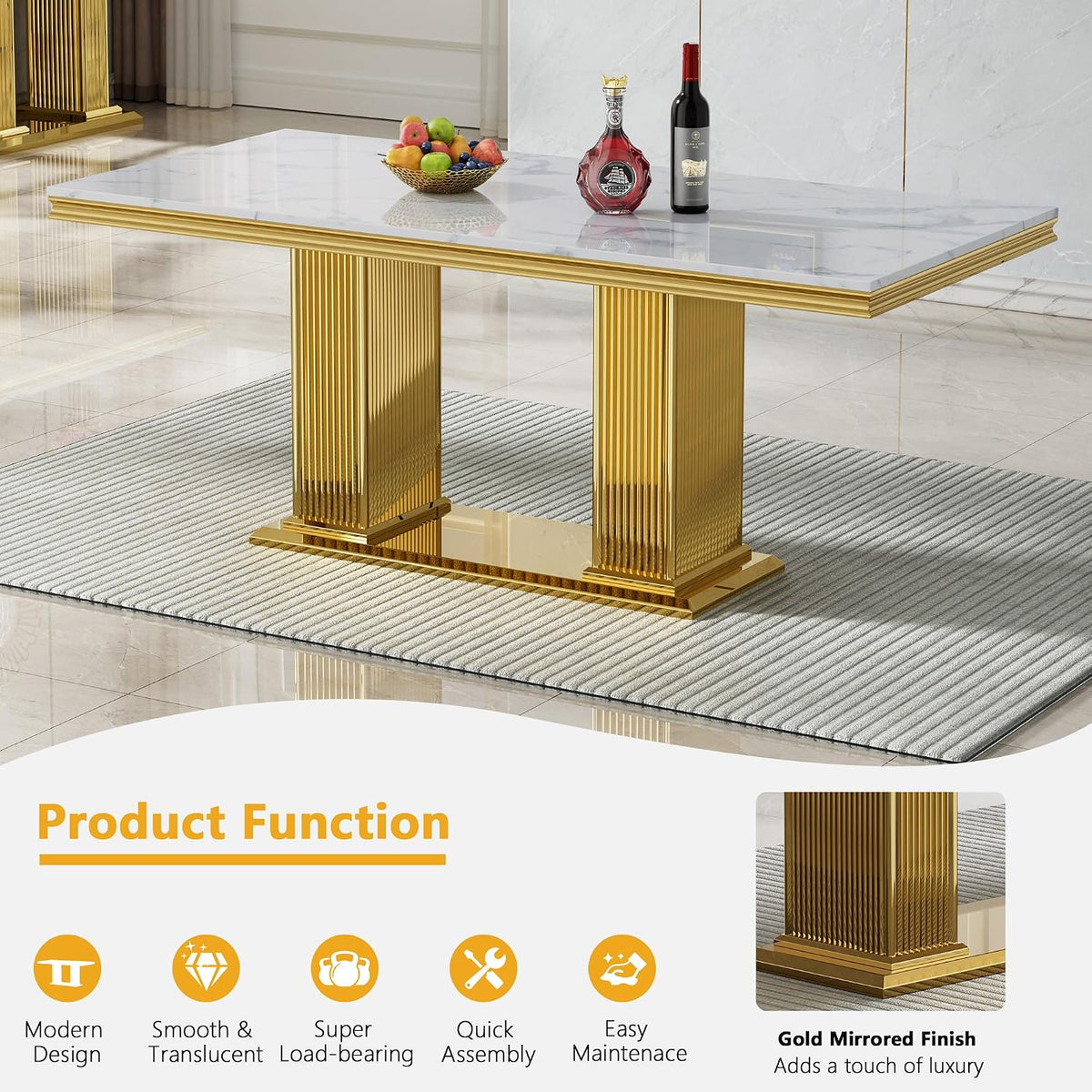 68 in Faux Marble Dining Table for 4-6, White Marble Dining Table with Gold Stainless Steel Base, Luxury Rectangular Dining Room Table for Kitchen, Living Room, Apartment, Family Meals, Dinner Parties