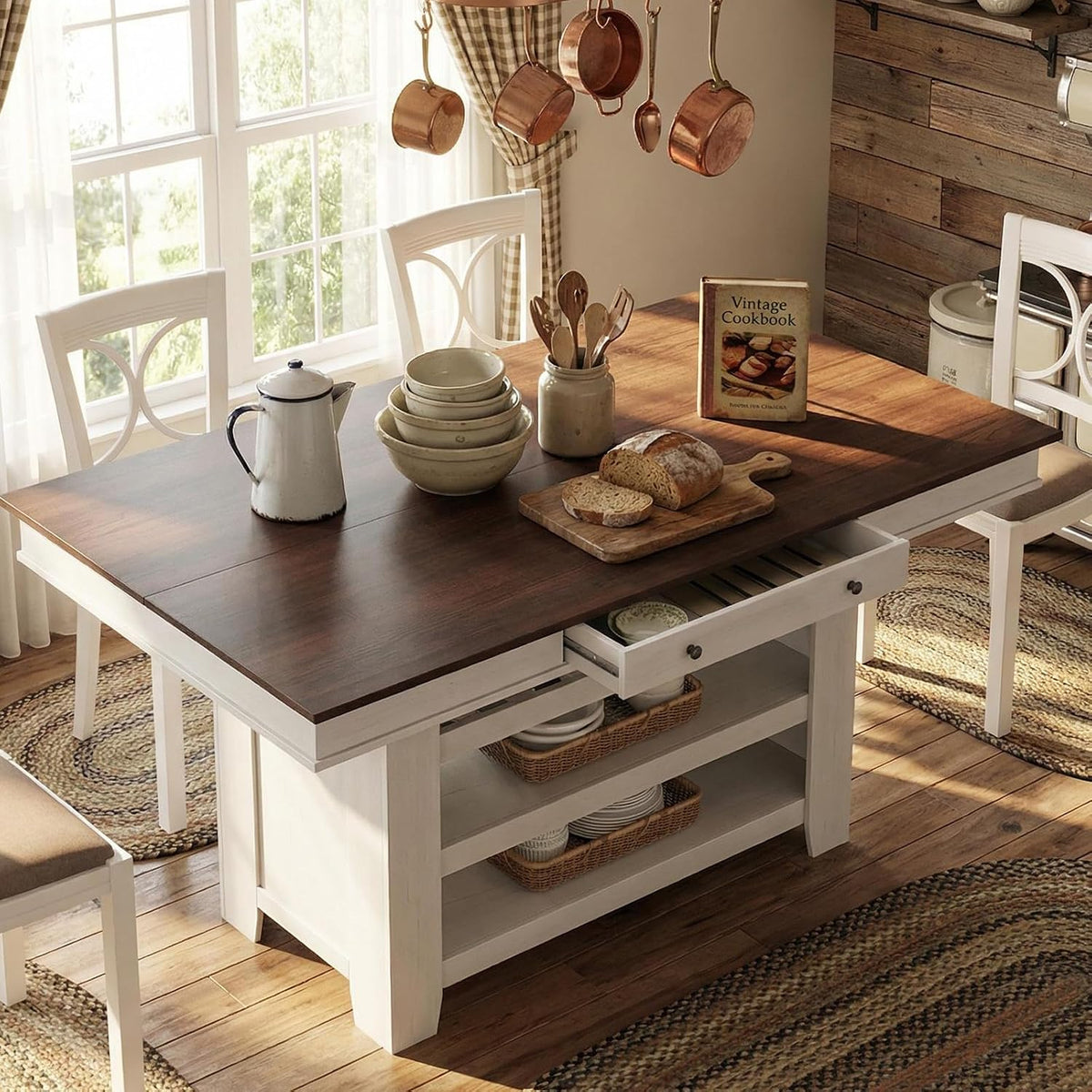 Garvee Counter Height Dining Table with 2 Drawers, 36" Farmhouse Wooden Large Bar Kitchen Table with Wine Rack & 3 Shelves, Rectangular, Thick Frame for Kitchen, Bar & Entertaining, Retro White Brow