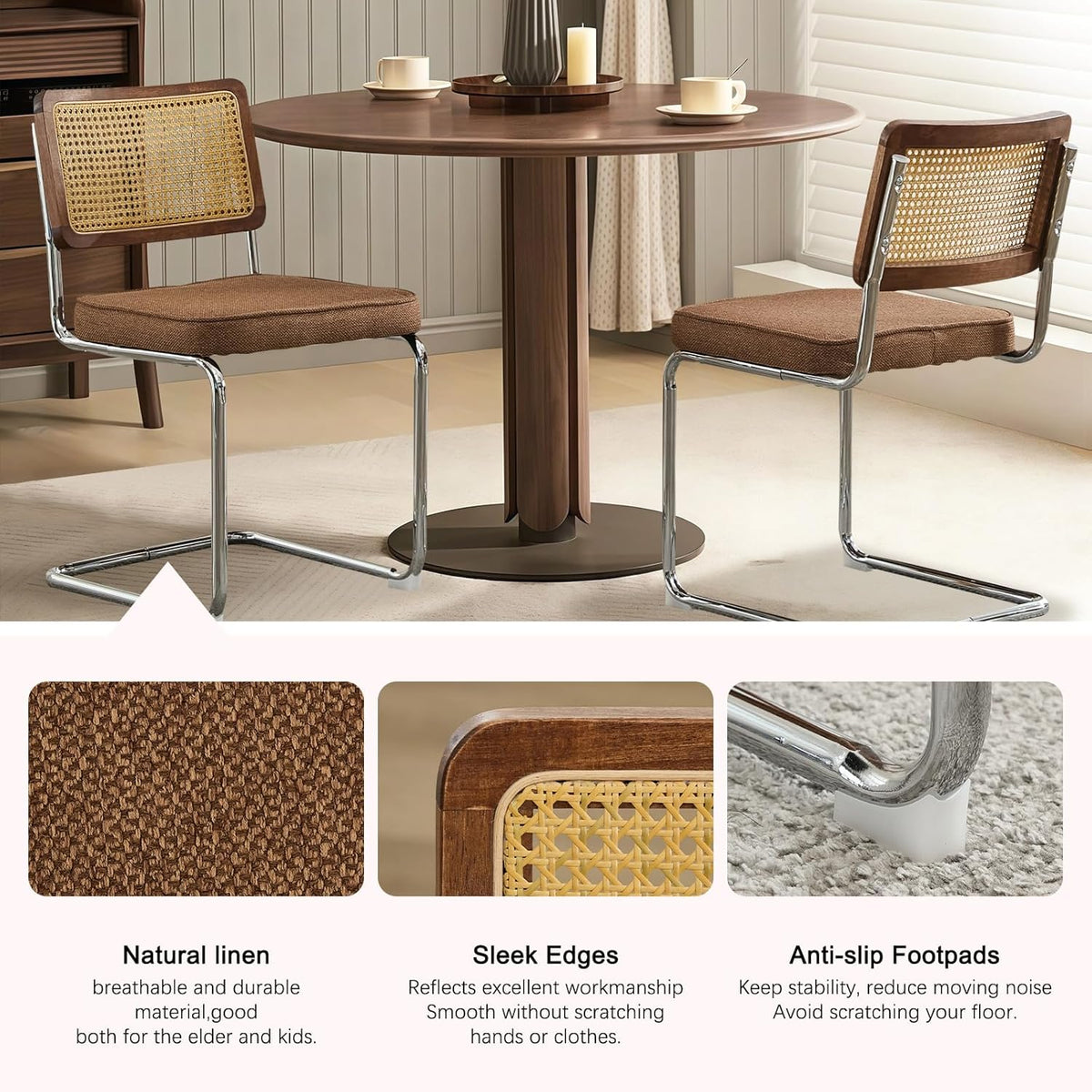 SoarFlash Linen Dining Chair Set of 4 Modern Upholstered Kitchen Chair with Walnut Rattan Cane Back, Stainless Chrome Base for Dining Room, Club(Coffee)