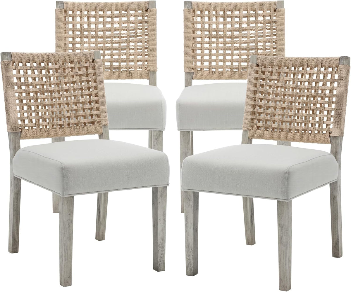 chairus upholstered Dining Chairs Set of 4, Boho Coastal Dining Room Chairs with Natural Woven Rope Back White Gray Washed Wood Leg Modern Farmhouse Wooden Kitchen Side Chairs, Ivory Linen Seat