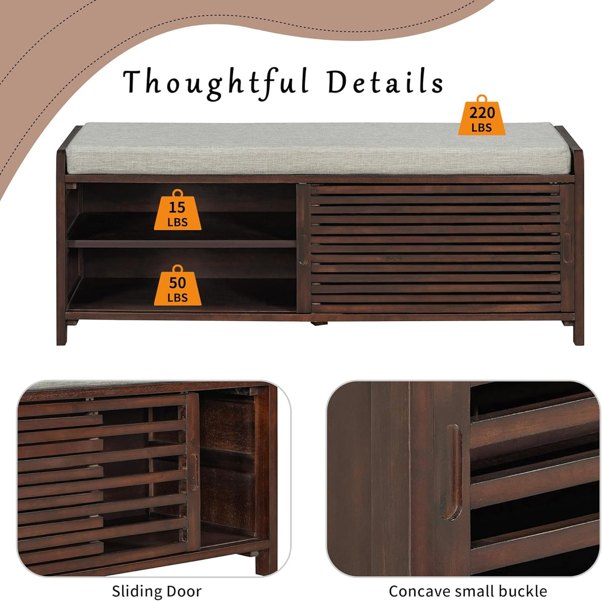 Ball & Cast Entryway Storage Bench with Shutter Doors, 43.3" Wooden Shoes Organizer, Modern Movable Upholstered Seat Entryway Shoe Rack Cabinet for Hallway Living Room, Espresso