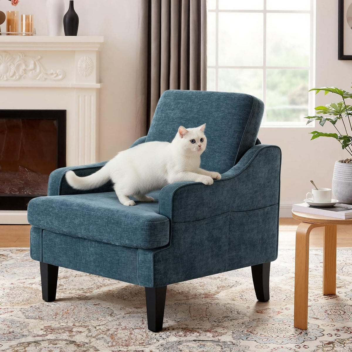 Accent Chair for Living Room,Mid-Century Arm Chair Fabric Living Room Chairs,Upholstered Reading Chair for Bedroom,Single Sofa Chair with Wood Legs for Apartment (1, Chenille Blue)
