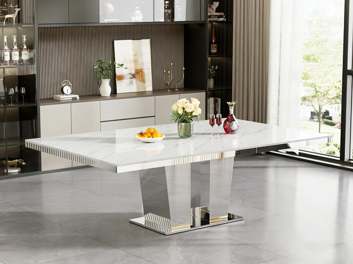 94.5“ Rectangular Dining Table for 6 8 10, Modern White Extendable Kitchen Table, Large Long Dining Room Table with Mirrored Pedestal for Dining Kitchen Living Room