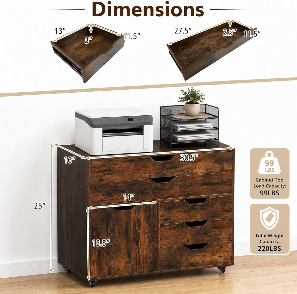 POWERSTONE Rolling File Cabinet 5-Drawer & One Side Door Storage Unit, Wood Printer Stand Drawer Cabinet with 5 Metal Wheels(2 Self-Locking) for Home Office, Coffee