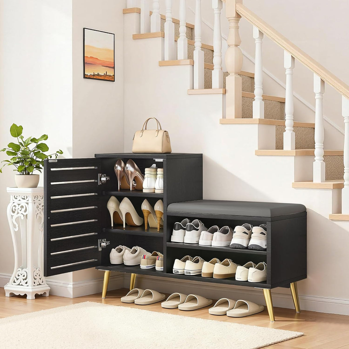 VECELO Shoe Storage Bench with Door&Shelf, Entryway Bench with Seat Cushion, for Hallway, Bedroom, Living Room, L-Shaped, Black